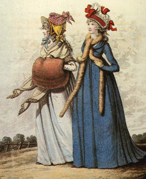 dMorning dress Stamp hat (left)  fur tippet (right) December 1795